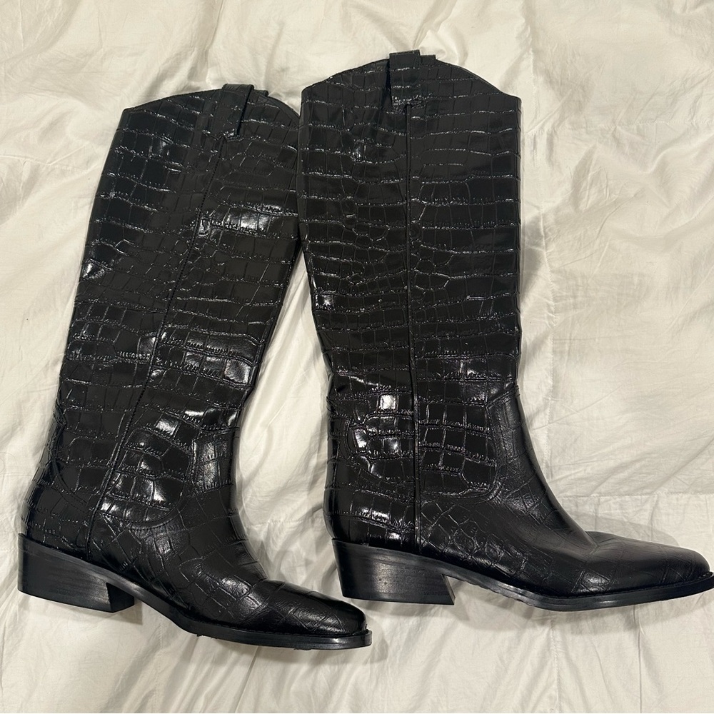 Marc Fisher Black Snake Print Cowboy Boots